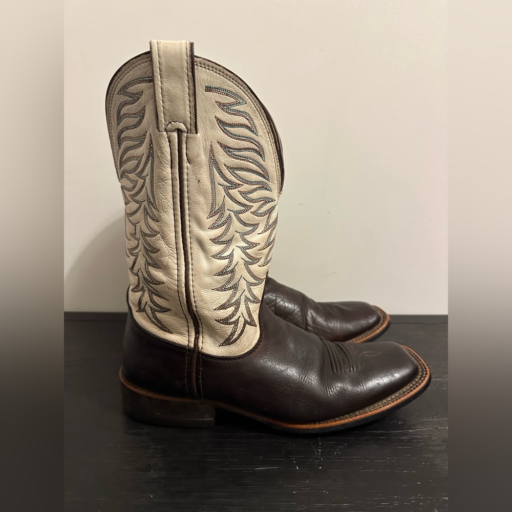 Nocona Dark Brown Foot with Cream Embroidered Shaft Cowboy Boots